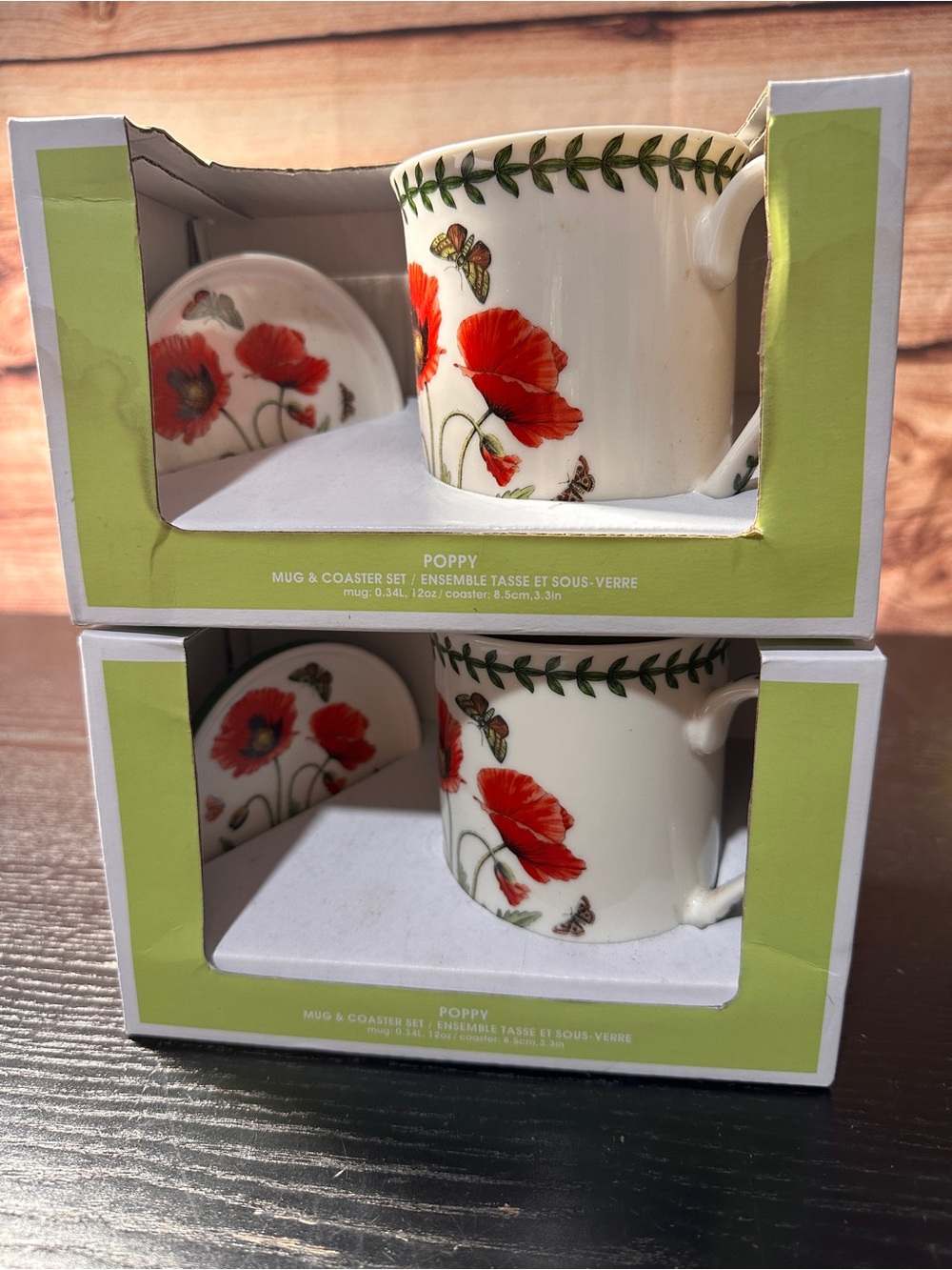 (2) Portmeirion Botanic Garden Poppy Mug & Coaster Set 12 oz Ceramic 2-Piece set